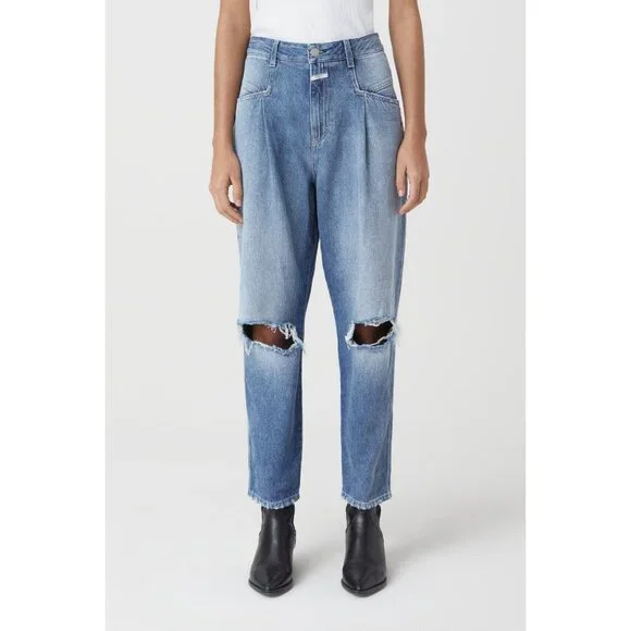 🆕 CLOSED Pearl High Rise Distressed Tapered Denim Jeans Blue 31 - Picture 3 of 16